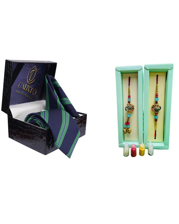 Calixto_Men's_Microfibre_Strips_Designer_Necktie_With_Pocket_Square_(Leatharite_Gift_Box)_with_Designer_Naksh_Rakhi