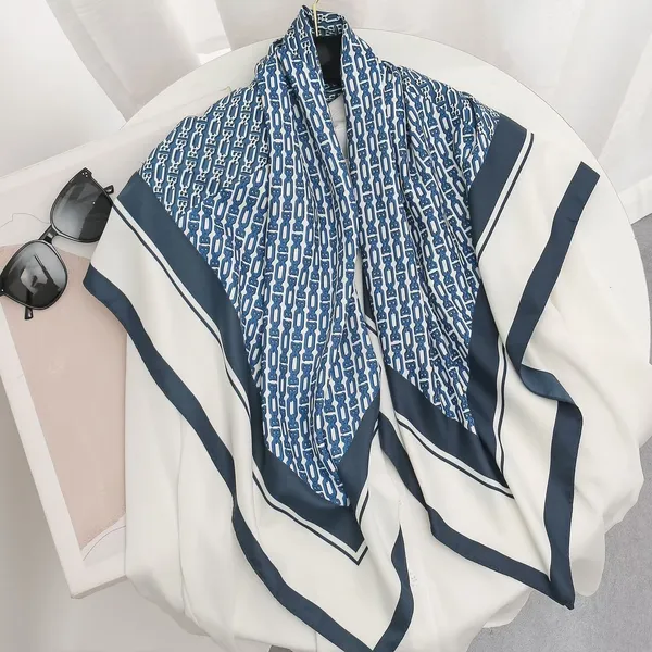 Calixto_Luxury_Silk_Feel_Scarf_for_Women_–_Navy_Blue_&_White_Square_Neck_Scarf_with_Chain_Print_–_Elegant_Lightweight_Head_Scarf,_Bandana,_or_Handbag_Accessory_(35"x35")