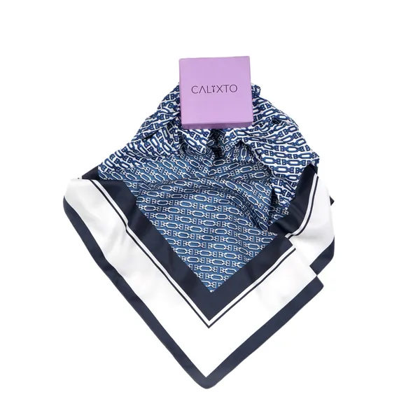 Calixto_Luxury_Silk_Feel_Scarf_for_Women_–_Navy_Blue_&_White_Square_Neck_Scarf_with_Chain_Print_–_Elegant_Lightweight_Head_Scarf,_Bandana,_or_Handbag_Accessory_(35"x35")
