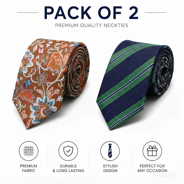 Premium_Men's_Designer_Necktie_Combo_Pack_of_2_|_Brown_Floral_Designer_Tie_&_Navy_Blue_Green_Striped_Tie_|_Luxury_Formal_Business_Office_Wedding_Party_Neck_Tie_for_Men_|_Premium_Polyester_Silk_Finish_|_Fashion_Accessories