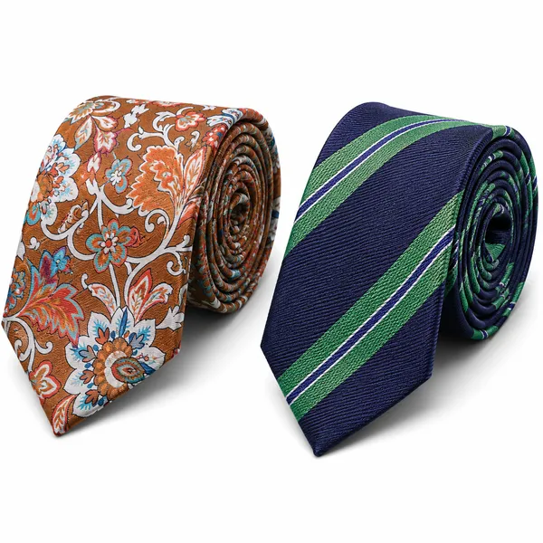 Premium_Men's_Designer_Necktie_Combo_Pack_of_2_|_Brown_Floral_Designer_Tie_&_Navy_Blue_Green_Striped_Tie_|_Luxury_Formal_Business_Office_Wedding_Party_Neck_Tie_for_Men_|_Premium_Polyester_Silk_Finish_|_Fashion_Accessories