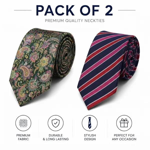 Premium_Men's_Designer_Necktie_Combo_Pack_of_2_|_Dark_Green_Paisley_Floral_Tie_&_Navy_Blue_Red_Striped_Tie_|_Luxury_Formal_Business_Office_Wedding_Party_Neck_Tie_for_Men_|_Premium_Polyester_Silk_Finish_|_Fashion_Accessories