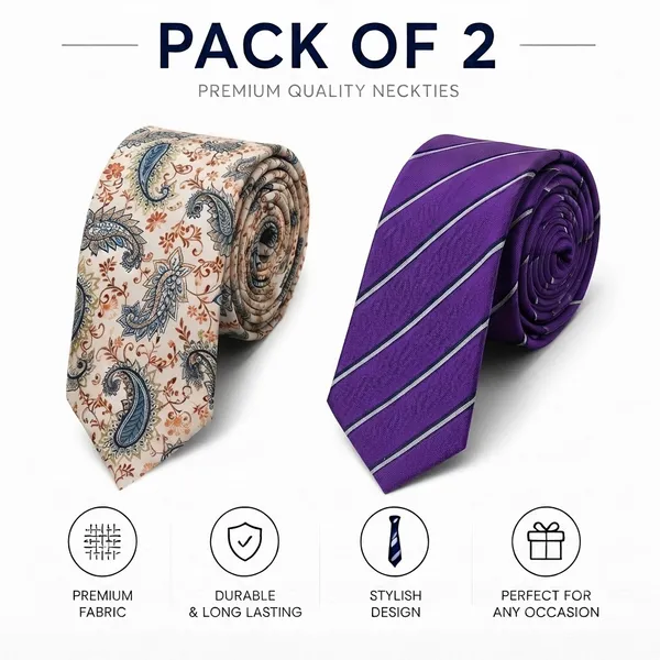 Premium_Men's_Designer_Necktie_Combo_Pack_of_2_|_Ivory_Paisley_Designer_Tie_&_Royal_Purple_Silver_Striped_Tie_|_Luxury_Formal_Business_Office_Wedding_Party_Neck_Tie_for_Men_|_Premium_Polyester_Silk_Finish_|_Men's_Fashion_Accessories