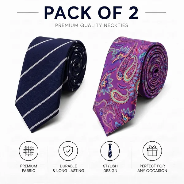 Premium_Men's_Designer_Necktie_Combo_Pack_of_2_|_Navy_Blue_White_Striped_Tie_&_Vibrant_Purple_Paisley_Designer_Tie_|_Luxury_Formal_Business_Office_Wedding_Party_Neck_Tie_for_Men_|_Premium_Polyester_Silk_Finish_|_Men's_Fashion_Accessories