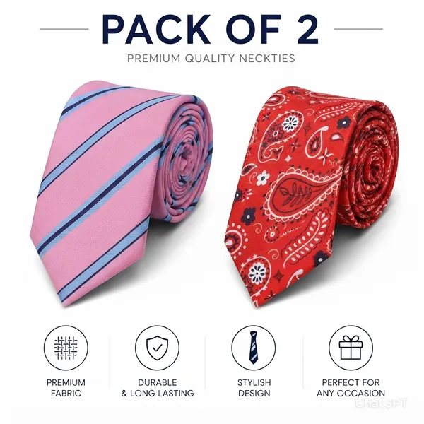Premium_Men's_Designer_Necktie_Combo_Pack_of_2_|_Pink_Sky_Blue_Striped_Tie_&_Red_Paisley_Designer_Tie_|_Luxury_Formal_Business_Office_Wedding_Party_Neck_Tie_for_Men_|_Premium_Polyester_Silk_Finish_|_Fashion_Accessories