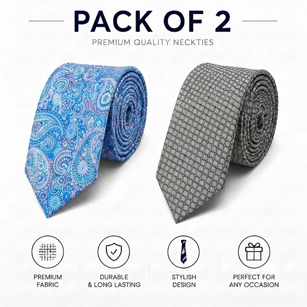 Premium_Men's_Designer_Necktie_Combo_Pack_of_2_|_Sky_Blue_Paisley_Floral_Tie_&_Silver_Grey_Geometric_Check_Formal_Tie_|_Luxury_Business_Office_Wedding_Party_Neck_Tie_for_Men_|_Silk_Finish_Polyester_Designer_Tie_Gift_Set
