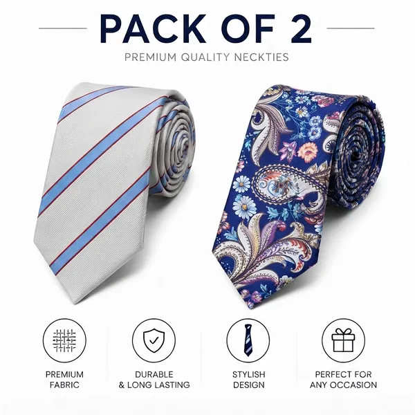 Premium_Men's_Designer_Necktie_Combo_Pack_of_2_|_White_Sky_Blue_Striped_Tie_&_Royal_Blue_Floral_Paisley_Tie_|_Luxury_Formal_Business_Office_Wedding_Party_Neck_Tie_for_Men_|_Premium_Polyester_Silk_Finish_|_Men's_Fashion_Accessories