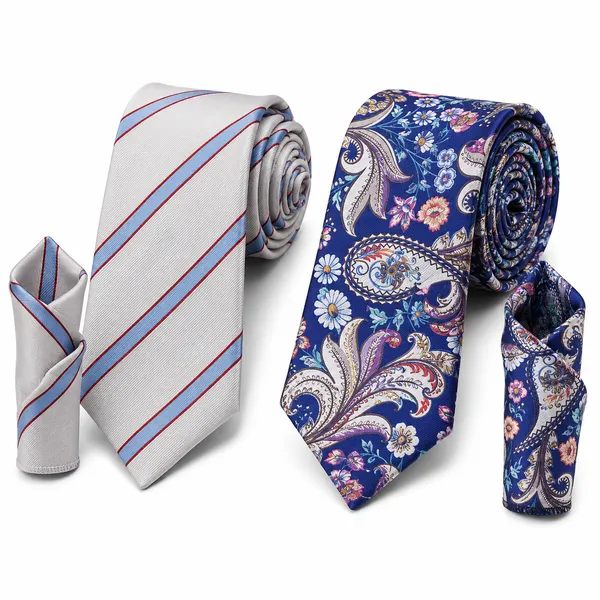 Premium_Men's_Designer_Necktie_Combo_Pack_of_2_|_White_Sky_Blue_Striped_Tie_&_Royal_Blue_Floral_Paisley_Tie_|_Luxury_Formal_Business_Office_Wedding_Party_Neck_Tie_for_Men_|_Premium_Polyester_Silk_Finish_|_Men's_Fashion_Accessories