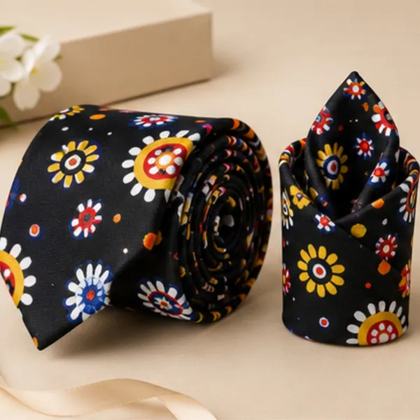 Premium_Men's_Designer_Tie,_Pocket_Square_&_White_Cotton_Handkerchief_Gift_Set_|_Multicolor_Floral_Sunburst_&_Red_Paisley_Bandana_Necktie_Combo_|_Formal_Wedding,_Business_&_Party_Accessories