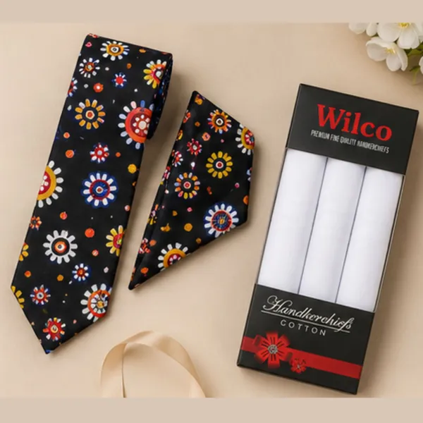 Premium_Men's_Designer_Tie,_Pocket_Square_&_White_Cotton_Handkerchief_Gift_Set_|_Multicolor_Floral_Sunburst_&_Red_Paisley_Bandana_Necktie_Combo_|_Formal_Wedding,_Business_&_Party_Accessories