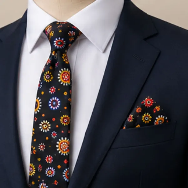 Premium_Men's_Designer_Tie,_Pocket_Square_&_White_Cotton_Handkerchief_Gift_Set_|_Multicolor_Floral_Sunburst_&_Red_Paisley_Bandana_Necktie_Combo_|_Formal_Wedding,_Business_&_Party_Accessories