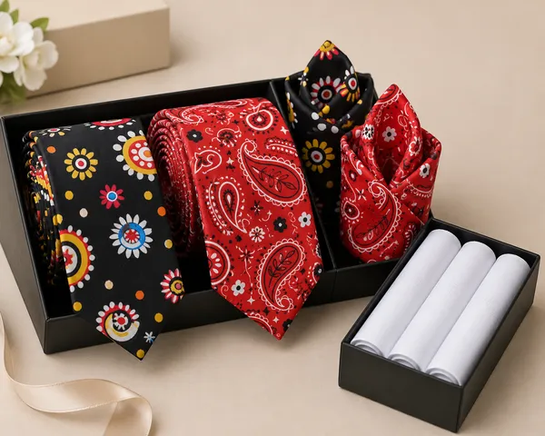 Premium_Men's_Designer_Tie,_Pocket_Square_&_White_Cotton_Handkerchief_Gift_Set_|_Multicolor_Floral_Sunburst_&_Red_Paisley_Bandana_Necktie_Combo_|_Formal_Wedding,_Business_&_Party_Accessories
