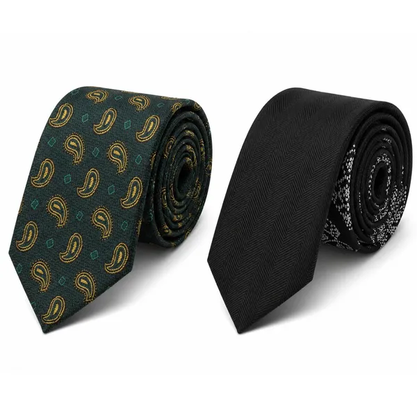 Premium_Men's_Formal_Tie_Combo_Pack_of_2_–_Dark_Green_Paisley_Print_&_Solid_Black_Herringbone_Woven_Neckties_|_Luxury_Business_Office_Wedding_Party_Neck_Tie_Gift_Set_for_Men