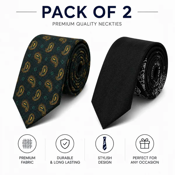 Premium_Men's_Formal_Tie_Combo_Pack_of_2_–_Dark_Green_Paisley_Print_&_Solid_Black_Herringbone_Woven_Neckties_|_Luxury_Business_Office_Wedding_Party_Neck_Tie_Gift_Set_for_Men