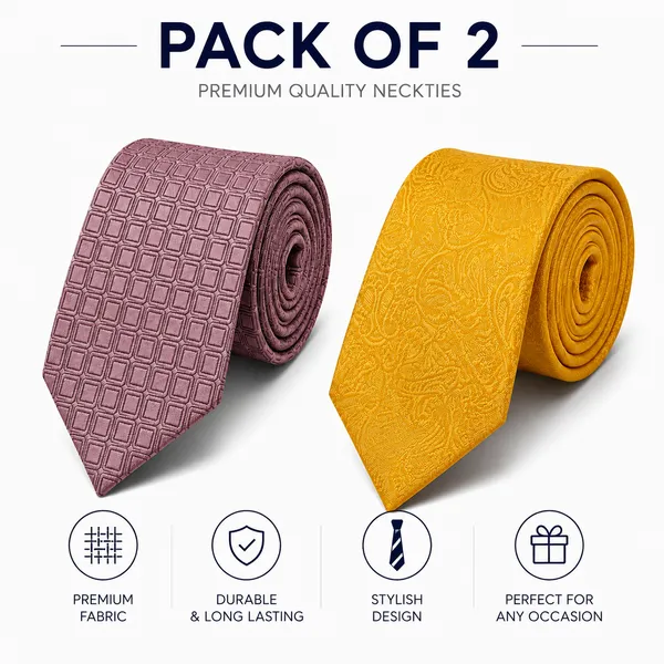 Premium_Men's_Formal_Tie_Combo_Pack_of_2_–_Dusty_Mauve_Geometric_Textured_&_Mustard_Gold_Paisley_Woven_Neckties_|_Luxury_Business_Office_Wedding_Party_Neck_Tie_Gift_Set_for_Men