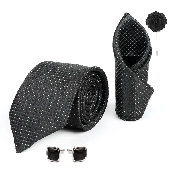 Black_Mens_Plaid_Dotted_Silk_Necktie_Gift_Set_With_Pocket_Square_Cufflinks_&_Brooch_Pin_Tie_For_Men_Formal_With_Leatherite_Box_|_Leather_Gift_Box