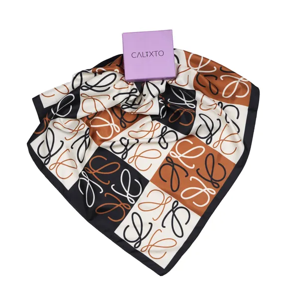 Calixto_Luxury_Silk_Square_Scarf_for_Women_–_Elegant_Brown,_Black_&_White_Pattern_–_Soft,_Lightweight_Fashion_Accessory_for_All_Seasons
