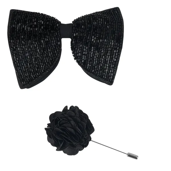Black_Premium_Butterfly_Embroidery_Cut_Dana_Micro_Fabric_Oversize_Big_Bow_Tie_For_Men_With_Flower_Brooch_Pin_|Black|_(Free_Size)