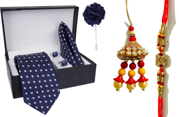 Multicolor_Bhaiya_Bhabhi_Rakhi_&_Tie_10_Kundan_Rakhi,_Bracelet,_Cufflink,_Lumba,_Thali___Set_Of_2
