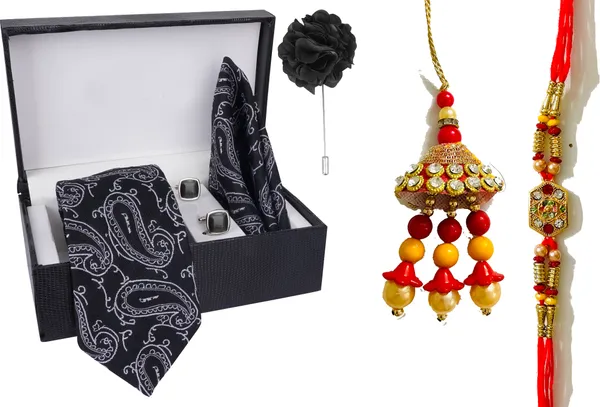 Multicolor_Bhaiya_Bhabhi_Rakhi_&_Tie_11_Kundan_Rakhi,_Bracelet,_Cufflink,_Lumba,_Thali___Set_Of_2