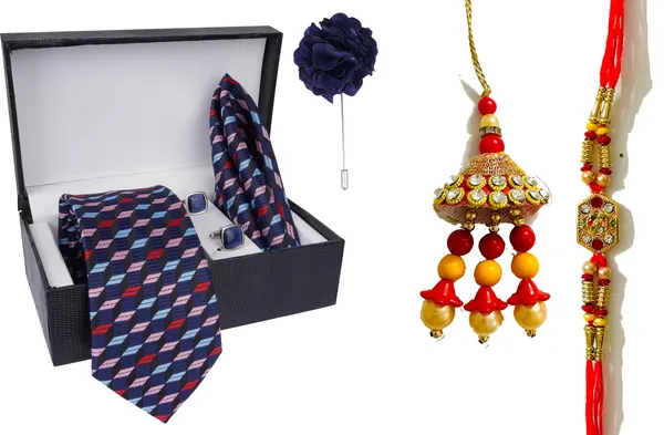 Multicolor_Bhaiya_Bhabhi_Rakhi_&_Tie_13_Kundan_Rakhi,_Bracelet,_Cufflink,_Lumba,_Thali___Set_Of_2