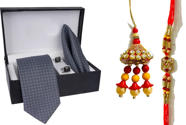 Multicolor_Bhaiya_Bhabhi_Rakhi_&_Tie_15_Kundan_Rakhi,_Bracelet,_Cufflink,_Lumba,_Thali___Set_Of_2