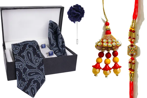 Multicolor_Bhaiya_Bhabhi_Rakhi_&_Tie_16_Kundan_Rakhi,_Bracelet,_Cufflink,_Lumba,_Thali___Set_Of_2