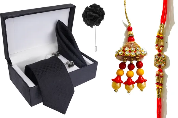 Multicolor_Bhaiya_Bhabhi_Rakhi_&_Tie_18_Kundan_Rakhi,_Bracelet,_Cufflink,_Lumba,_Thali___Set_Of_2