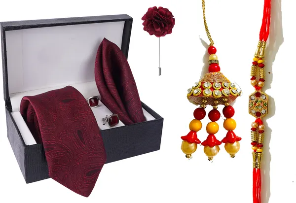 Multicolor_Bhaiya_Bhabhi_Rakhi_&_Tie_1_Kundan_Rakhi,_Bracelet,_Cufflink,_Lumba,_Thali___Set_Of_2