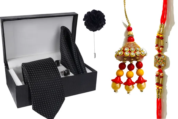 Multicolor_Bhaiya_Bhabhi_Rakhi_&_Tie_3_Kundan_Rakhi,_Bracelet,_Cufflink,_Lumba,_Thali___Set_Of_2