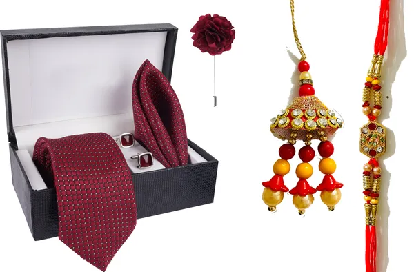 Multicolor_Bhaiya_Bhabhi_Rakhi_&_Tie_4_Kundan_Rakhi,_Bracelet,_Cufflink,_Lumba,_Thali___Set_Of_2