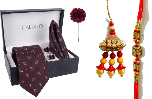 Multicolor_Bhaiya_Bhabhi_Rakhi_&_Tie_5_Kundan_Rakhi,_Bracelet,_Cufflink,_Lumba,_Thali___Set_Of_2