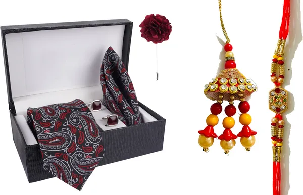 Multicolor_Bhaiya_Bhabhi_Rakhi_&_Tie_6_Kundan_Rakhi,_Bracelet,_Cufflink,_Lumba,_Thali___Set_Of_2