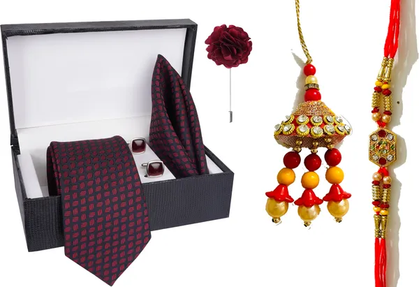 Multicolor_Bhaiya_Bhabhi_Rakhi_&_Tie_9_Kundan_Rakhi,_Bracelet,_Cufflink,_Lumba,_Thali___Set_Of_2