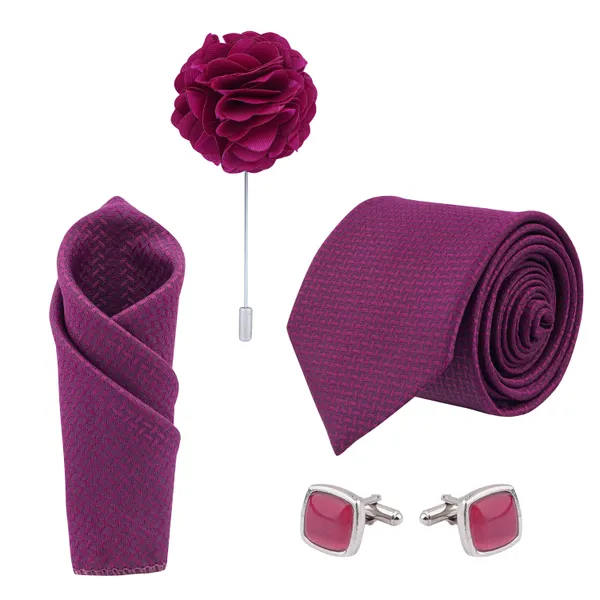 Magenta_Microfiber_Criss_Cross_Pattern_Necktie_With_Pocket_Square_,_Cufflinks_&_Brooch_Pin_With_Leather_Gift_Box_(Set_of_4)