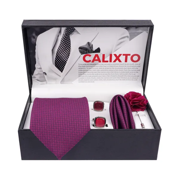 Magenta_Microfiber_Criss_Cross_Pattern_Necktie_With_Pocket_Square_,_Cufflinks_&_Brooch_Pin_With_Leather_Gift_Box_(Set_of_4)