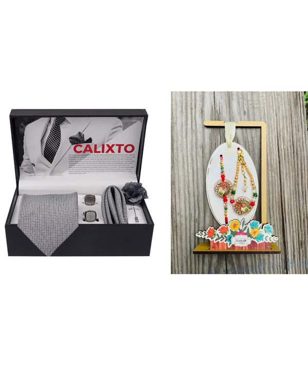 Mens_Microfiber_Necktie_Gift_Set_with_Designer_Naksh_Rakhi_Criss_Cross_Black_Tie,_Pocket_Square,_Cufflinks,_Brooch_&_Leather_Box