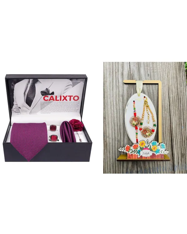 Mens_Microfiber_Necktie_Gift_Set_with_Designer_Naksh_Rakhi_Criss_Cross_Black_Tie,_Pocket_Square,_Cufflinks,_Brooch_&_Leather_Box