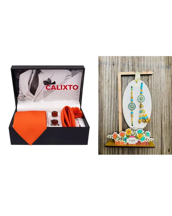 Mens_Microfiber_Necktie_Gift_Set_with_Designer_Naksh_Rakhi_Criss_Cross_Black_Tie,_Pocket_Square,_Cufflinks,_Brooch_&_Leather_Box