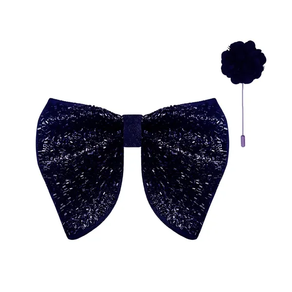 Blue_Premium_Butterfly_Embroidery_Cut_Dana_Micro_Fabric_Oversize_Big_Bow_Tie_For_Men_With_Flower_Brooch_Pin_|Black|_(Free_Size)