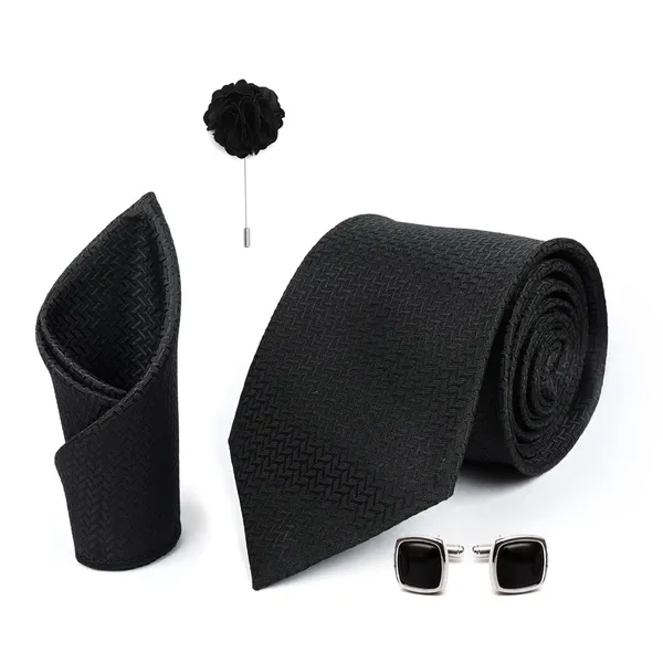 Black_Mens_Microfiber_Criss_Cross_Pattern_Silky_Necktie_Gift_Set_With_Pocket_Square_Cufflinks_&_Brooch_Pin_Formal_Tie_With_Leatherite_Box|_Leather_Gift_Box