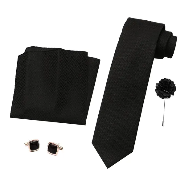 Black_Mens_Microfiber_Criss_Cross_Pattern_Silky_Necktie_Gift_Set_With_Pocket_Square_Cufflinks_&_Brooch_Pin_Formal_Tie_With_Leatherite_Box|_Leather_Gift_Box