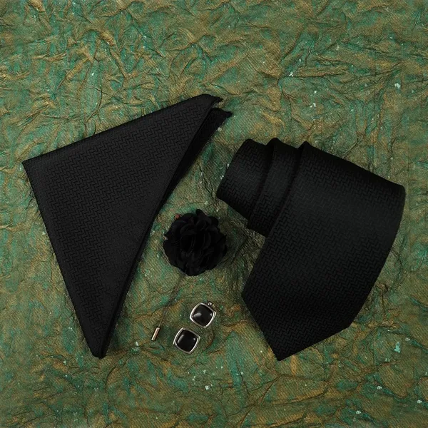 Black_Mens_Microfiber_Criss_Cross_Pattern_Silky_Necktie_Gift_Set_With_Pocket_Square_Cufflinks_&_Brooch_Pin_Formal_Tie_With_Leatherite_Box|_Leather_Gift_Box