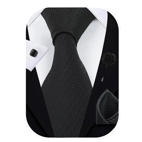 Black_Mens_Microfiber_Criss_Cross_Pattern_Silky_Necktie_Gift_Set_With_Pocket_Square_Cufflinks_&_Brooch_Pin_Formal_Tie_With_Leatherite_Box|_Leather_Gift_Box