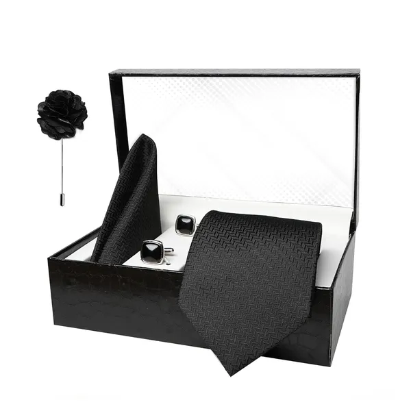 Black_Mens_Microfiber_Criss_Cross_Pattern_Silky_Necktie_Gift_Set_With_Pocket_Square_Cufflinks_&_Brooch_Pin_Formal_Tie_With_Leatherite_Box|_Leather_Gift_Box
