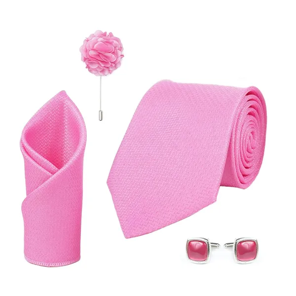 Baby_Pink_Microfiber_Criss_Cross_Pattern_Silky_Necktie_With_Pocket_Square,_Cufflinks_&_Brooch_Pin_Leather_Gift_Box_(Set_of_4)