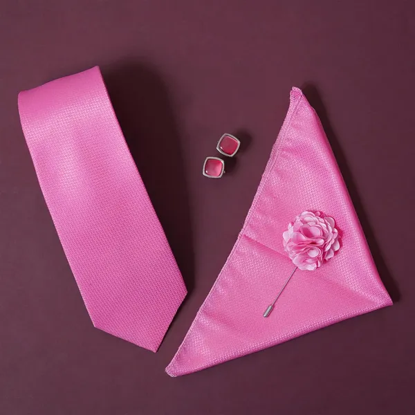 Baby_Pink_Microfiber_Criss_Cross_Pattern_Silky_Necktie_With_Pocket_Square,_Cufflinks_&_Brooch_Pin_Leather_Gift_Box_(Set_of_4)