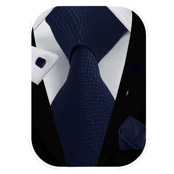Navy_Blue_Men_Microfiber_Criss_Cross_Pattern_Necktie_With_Pocket_Square_Cufflinks_&_Brooch_Pin_Formal_Tie_With_Leatherite_Box|_Leather_Gift_Box