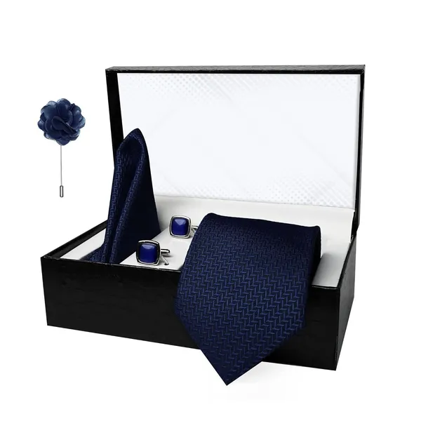 Navy_Blue_Men_Microfiber_Criss_Cross_Pattern_Necktie_With_Pocket_Square_Cufflinks_&_Brooch_Pin_Formal_Tie_With_Leatherite_Box|_Leather_Gift_Box