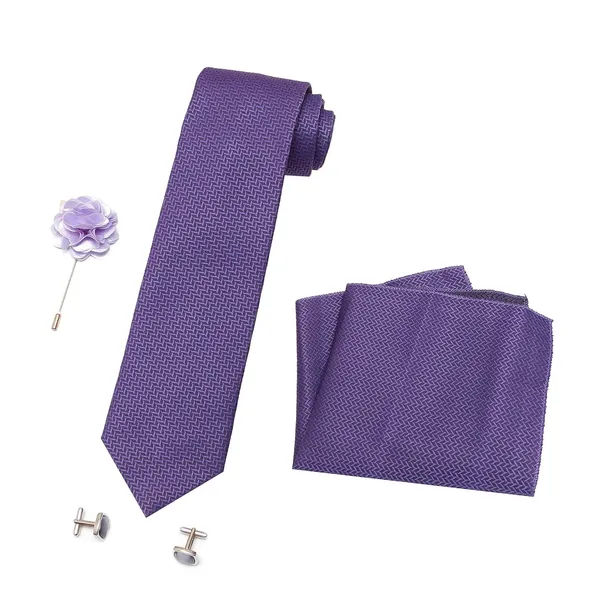 Purple_Microfiber_Criss_Cross_Pattern_Silky_Necktie_With_Pocket_Square,_Cufflinks_&_Brooch_Pin_Leather_Gift_Box_(Set_of_4)